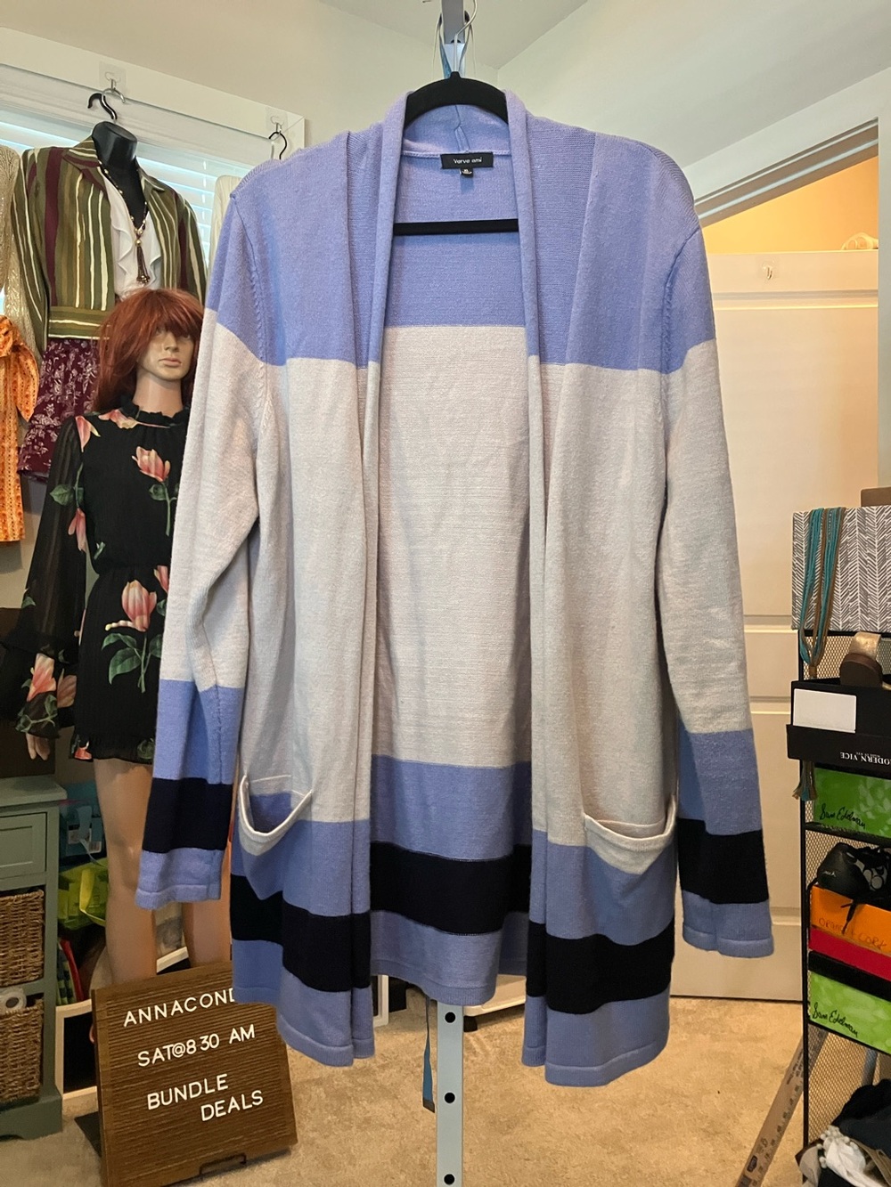 Verve Ami Lavender, Cream & Navy Striped Open Cardigan